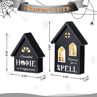 Glitzhome 8"H Set of 2 Lighted Hauted House Table Decor, Halloween Wooden Table Centerpiece