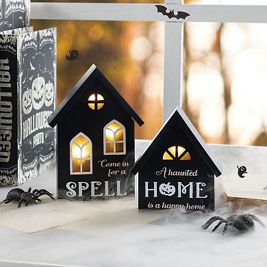 Glitzhome 8"H Set of 2 Lighted Hauted House Table Decor, Halloween Wooden Table Centerpiece