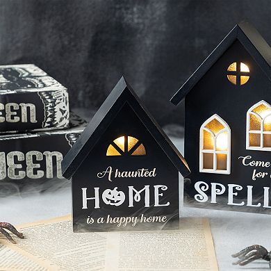 Glitzhome 8"H Set of 2 Lighted Hauted House Table Decor, Halloween Wooden Table Centerpiece