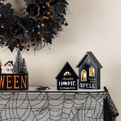 Glitzhome 8"H Set of 2 Lighted Hauted House Table Decor, Halloween Wooden Table Centerpiece