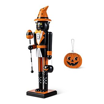 Glitzhome Wood Cat Nutcracker With Pumpkin Ornament, Whimsical Halloween Table Decor