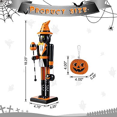 Glitzhome Wood Cat Nutcracker With Pumpkin Ornament, Whimsical Halloween Table Decor