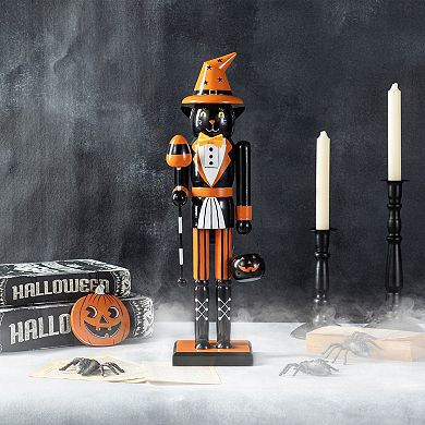 Glitzhome Wood Cat Nutcracker With Pumpkin Ornament, Whimsical Halloween Table Decor