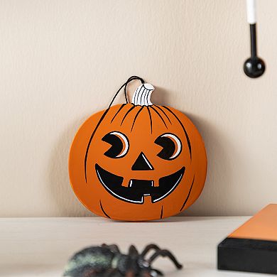 Glitzhome Wood Cat Nutcracker With Pumpkin Ornament, Whimsical Halloween Table Decor