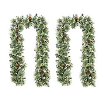 Glitzhome Set of 2 6ft Pre-Lit Frosted Greenery Pinecones Christmas Garlands