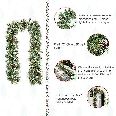 Glitzhome Set of 2 6ft Pre-Lit Frosted Greenery Pinecones Christmas Garlands