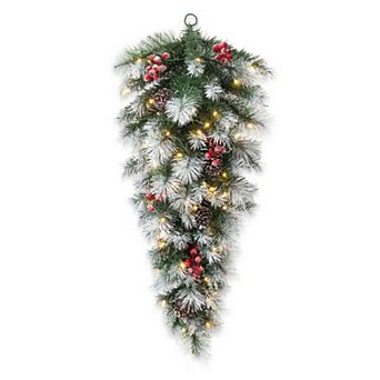 Glitzhome Pre-Lit Pinecones and Red Berries Artificial Christmas Teardrop Swag, Three Function, 3FT