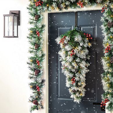 Glitzhome Pre-Lit Pinecones and Red Berries Artificial Christmas Teardrop Swag, Three Function, 3FT