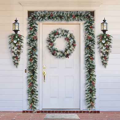 Glitzhome Pre-Lit Pinecones and Red Berries Artificial Christmas Teardrop Swag, Three Function, 3FT