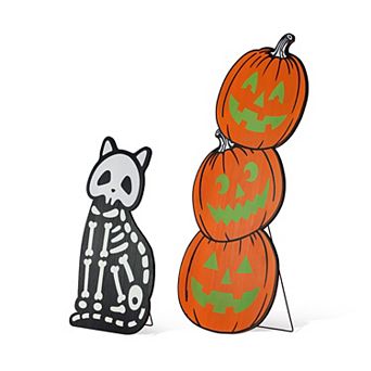 Glitzhome Set of 2 Wood Pumpkin Porch Decor, Skeleton Cat and Stacked Halloween Decor