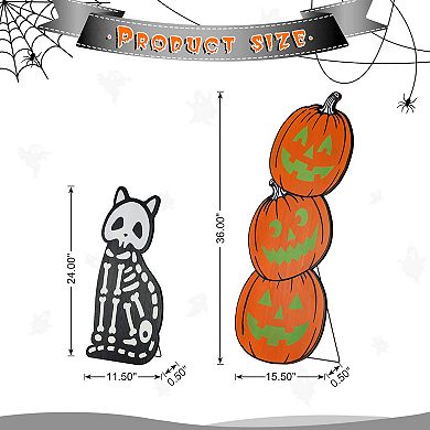 Glitzhome Set of 2 Wood Pumpkin Porch Decor, Skeleton Cat and Stacked Halloween Decor
