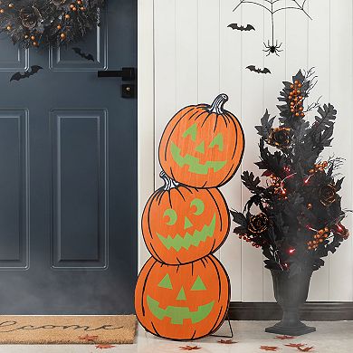 Glitzhome Set of 2 Wood Pumpkin Porch Decor, Skeleton Cat and Stacked Halloween Decor