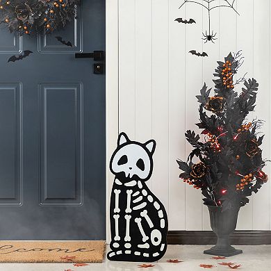 Glitzhome Set of 2 Wood Pumpkin Porch Decor, Skeleton Cat and Stacked Halloween Decor