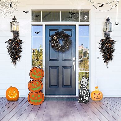 Glitzhome Set of 2 Wood Pumpkin Porch Decor, Skeleton Cat and Stacked Halloween Decor