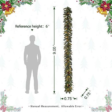 Glitzhome 9ft Pre-Lit Christmas Garland,Greenery Pine Garland with Pine Cones Warm White LED Lights