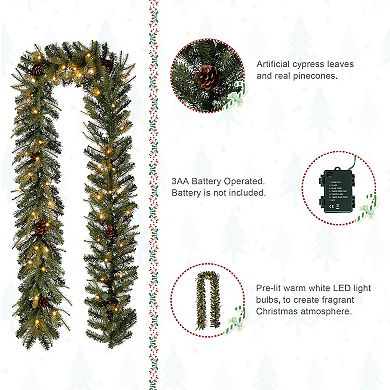 Glitzhome 9ft Pre-Lit Christmas Garland,Greenery Pine Garland with Pine Cones Warm White LED Lights
