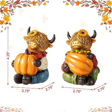 Glitzhome Set of 2 Highland Cow Table Decor, 4.25"H Resin Tabletop Decor for Fall Harvest