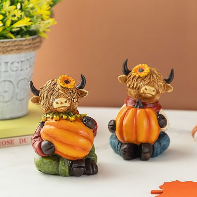 Glitzhome Set of 2 Highland Cow Table Decor, 4.25"H Resin Tabletop Decor for Fall Harvest