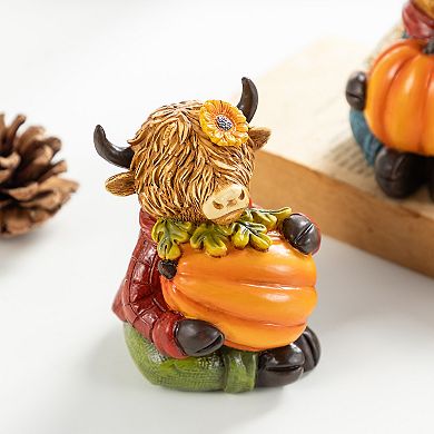 Glitzhome Set of 2 Highland Cow Table Decor, 4.25"H Resin Tabletop Decor for Fall Harvest