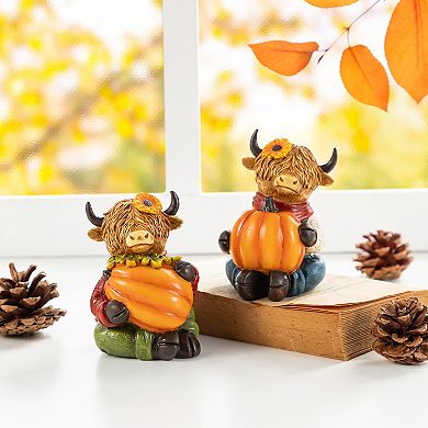 Glitzhome Set of 2 Highland Cow Table Decor, 4.25"H Resin Tabletop Decor for Fall Harvest