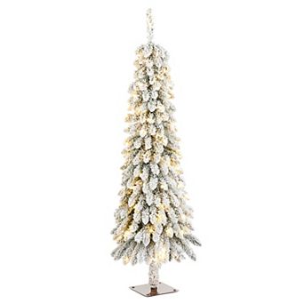 Glitzhome 4.5ft Pre-Lit Artificial Pencil Christmas Tree, Flocked Porch Tree for Indoor Outdoor
