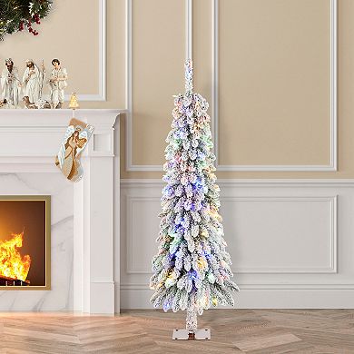 Glitzhome 4.5ft Pre-Lit Artificial Pencil Christmas Tree, Flocked Porch Tree for Indoor Outdoor