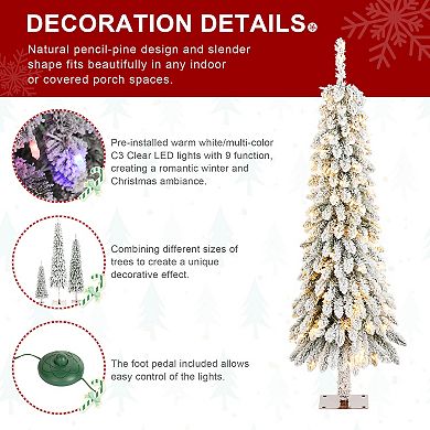Glitzhome 4.5ft Pre-Lit Artificial Pencil Christmas Tree, Flocked Porch Tree for Indoor Outdoor