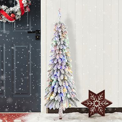 Glitzhome 4.5ft Pre-Lit Artificial Pencil Christmas Tree, Flocked Porch Tree for Indoor Outdoor