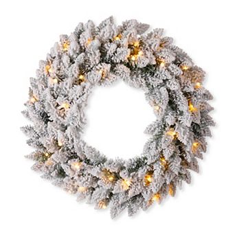 Glitzhome 24" D Pre-Lit Snow Flocked Christmas Wreath, Artificial Wreath for Indoor Outdoor