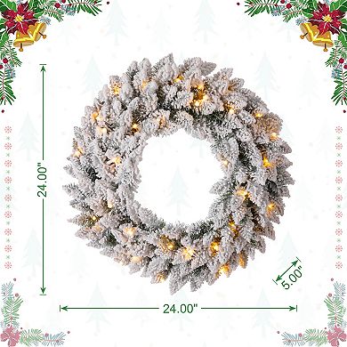 Glitzhome 24" D Pre-Lit Snow Flocked Christmas Wreath with Warm White LED Lights, Timer, 3 Functions
