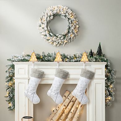 Glitzhome 24" D Pre-Lit Snow Flocked Christmas Wreath with Warm White LED Lights, Timer, 3 Functions