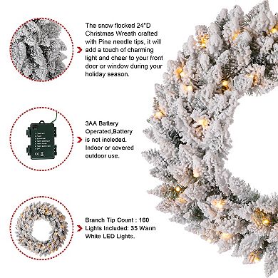 Glitzhome 24" D Pre-Lit Snow Flocked Christmas Wreath with Warm White LED Lights, Timer, 3 Functions