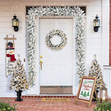 Glitzhome 24" D Pre-Lit Snow Flocked Christmas Wreath with Warm White LED Lights, Timer, 3 Functions