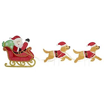 Glitzhome 90.5"L Christmas Porch Decor, 2D Fabric Dog with Santa Sleigh Lighted Outdoor Decor