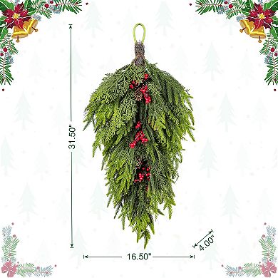 Glitzhome Christmas Teardrop Swags, 31.5 Inch Greenery Wreath with Pine Cones and Red Berries