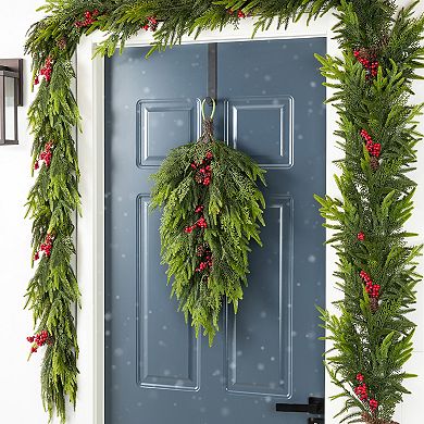 Glitzhome Christmas Teardrop Swags, 31.5 Inch Greenery Wreath with Pine Cones and Red Berries