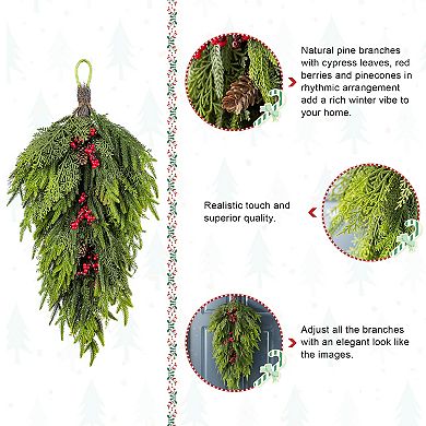 Glitzhome Christmas Teardrop Swags, 31.5 Inch Greenery Wreath with Pine Cones and Red Berries