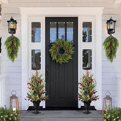 Glitzhome Christmas Teardrop Swags, 31.5 Inch Greenery Wreath with Pine Cones and Red Berries