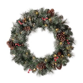 Glitzhome 24" D Pre-Lit Glittered Pine Cone Christmas Wreath with Warm White LED Lights and Timer