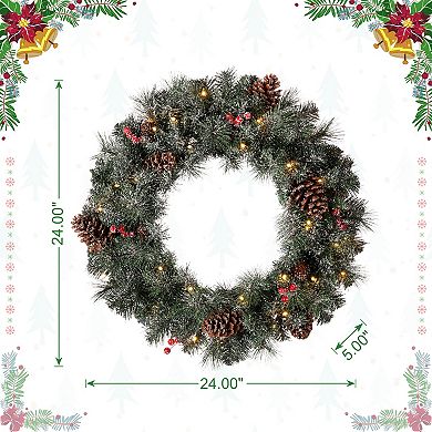 Glitzhome 24" D Pre-Lit Glittered Pine Cone Christmas Wreath with Warm White LED Lights and Timer