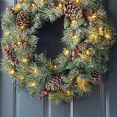 Glitzhome 24" D Pre-Lit Glittered Pine Cone Christmas Wreath with Warm White LED Lights and Timer