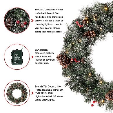 Glitzhome 24" D Pre-Lit Glittered Pine Cone Christmas Wreath with Warm White LED Lights and Timer