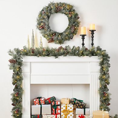 Glitzhome 24" D Pre-Lit Glittered Pine Cone Christmas Wreath with Warm White LED Lights and Timer