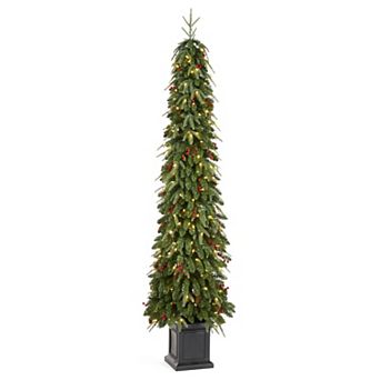 Glitzhome 7ft Artificial Porch Christmas Tree, Pre-Lit Christmas Tree for Indoor Outdoor, Green