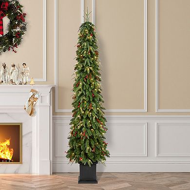 Glitzhome 7ft Artificial Porch Christmas Tree, Pre-Lit Christmas Tree for Indoor Outdoor, Green