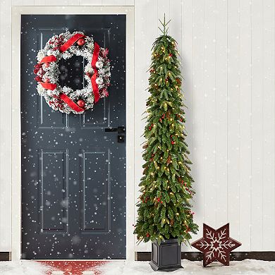 Glitzhome 7ft Artificial Porch Christmas Tree, Pre-Lit Christmas Tree for Indoor Outdoor, Green