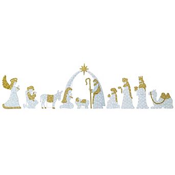 Glitzhome Set of 11 Lighted Christmas Porch Sign, 2D Iridescent Fabric Nativity Scene Outdoor Decor