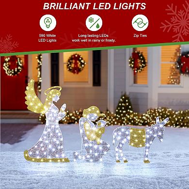 Glitzhome Set of 11 Lighted Christmas Porch Sign, 2D Iridescent Fabric Nativity Scene Outdoor Decor