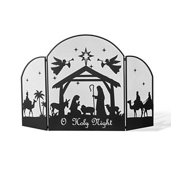 Glitzhome 3-Panel Christmas Fireplace Screen Porch Decor, Metal Mesh Cover with Nativity Scenes