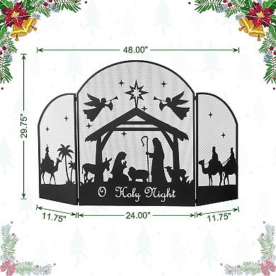 Glitzhome 3-Panel Christmas Fireplace Screen Porch Decor, Metal Mesh Cover with Nativity Scenes